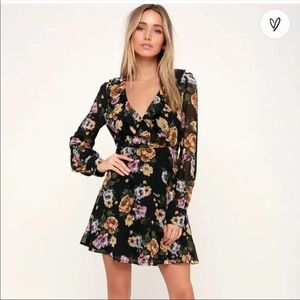Lulus Black Floral Print Long Sleeve Dress